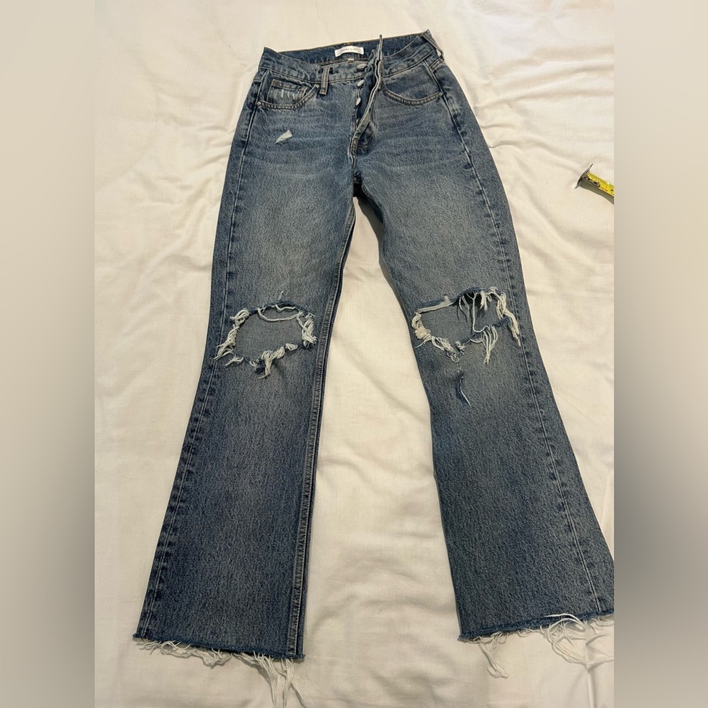 Anine Bing light wash rigid cotton denim with distressing, 26